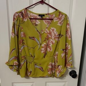 AUW Chartreuse Floral V-Neck Smocked Waist Blouse